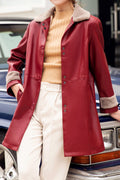 Women Perfect Collar Neck Buttoned Fastener & Slash Pocket Above Knee Warm Winter Leather Jacket