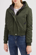 Women Swank Hooded Neck Knitted Ribbed Cuff & Stretchable Hem Snap Tab & Zip Fastener Short Dilute Winter Casual Jacket