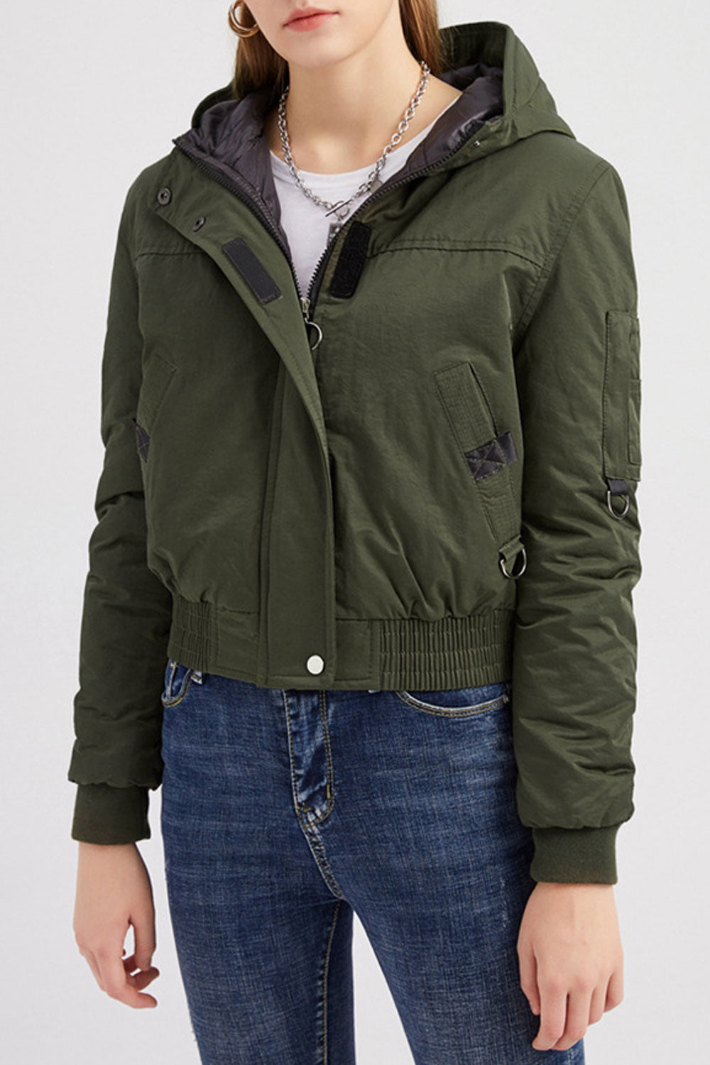 Women Swank Hooded Neck Knitted Ribbed Cuff & Stretchable Hem Snap Tab & Zip Fastener Short Dilute Winter Casual Jacket