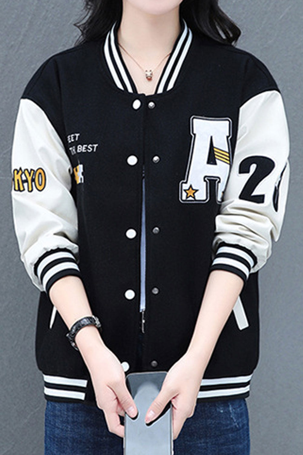 Women Stylish Letter Patterned Strip Knitted Stand Collar Ribbed Cuff & Hem Contrast Slash Pockets Easy Buttoned Fastener Snug W