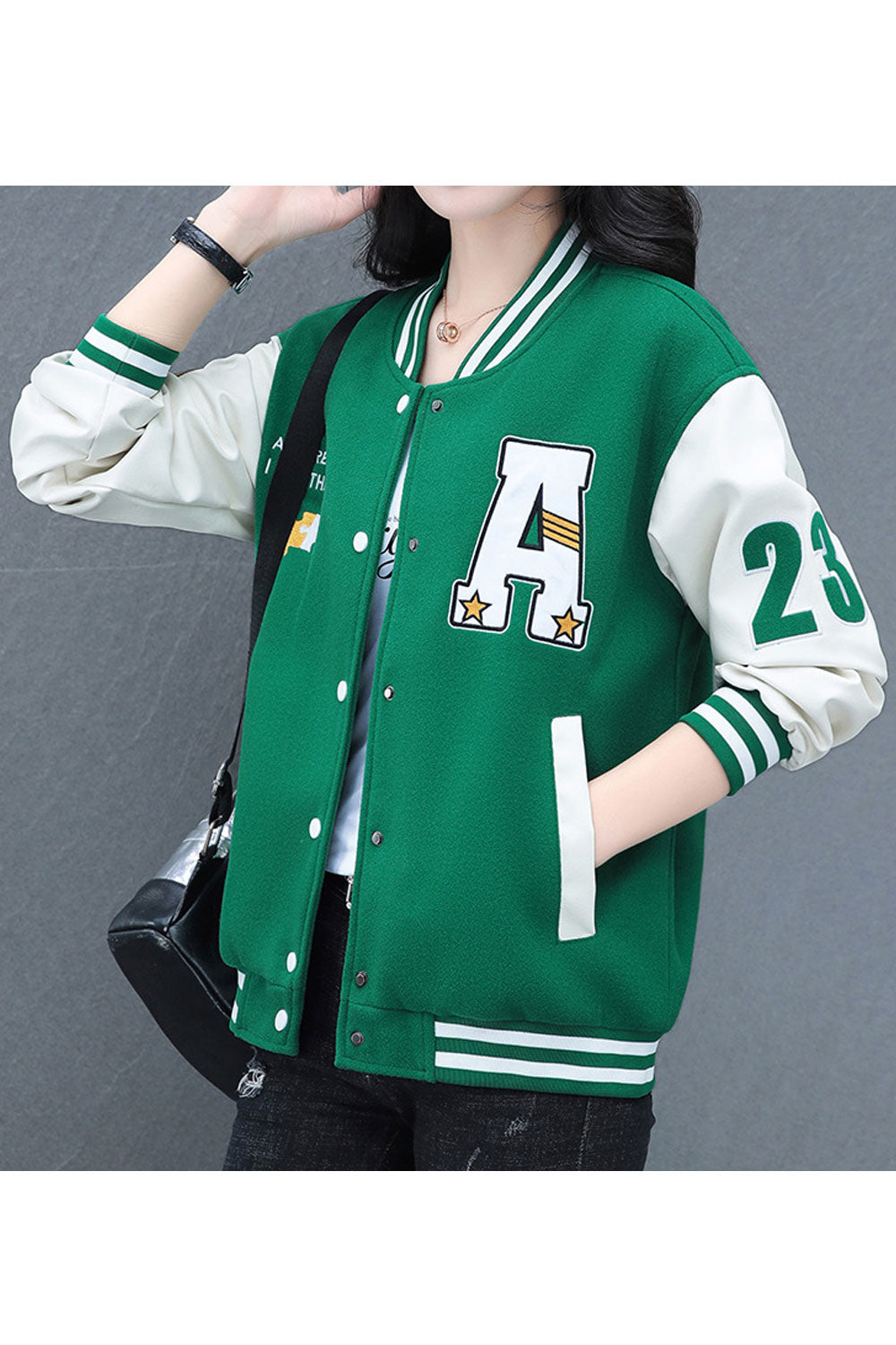 Women Stylish Letter Patterned Strip Knitted Stand Collar Ribbed Cuff & Hem Contrast Slash Pockets Easy Buttoned Fastener Snug W