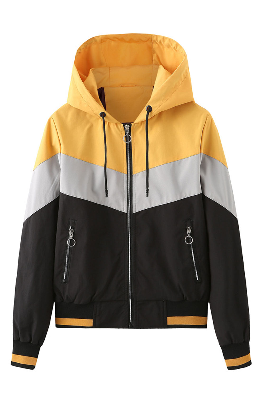 Women Trichromatic Drawstring Hooded Neck Sing Line Knitted Ribbed Cuff & Hem Side Pocket & Zip Fastener Warm Casual Winter Jack