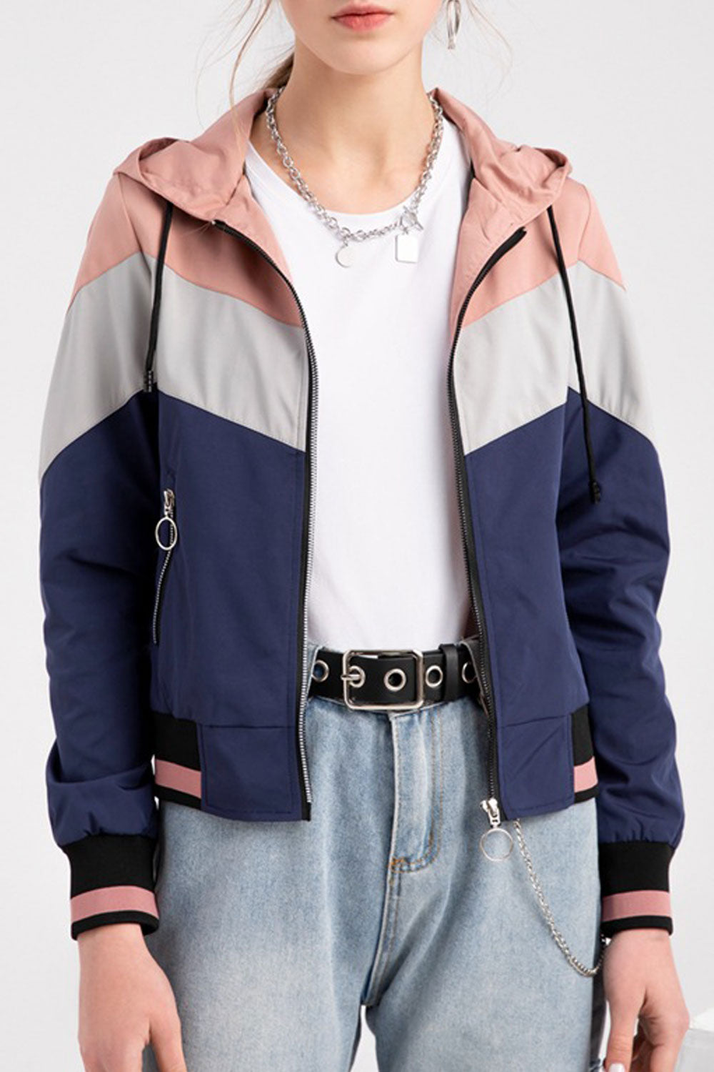 Women Trichromatic Drawstring Hooded Neck Sing Line Knitted Ribbed Cuff & Hem Side Pocket & Zip Fastener Warm Casual Winter Jack