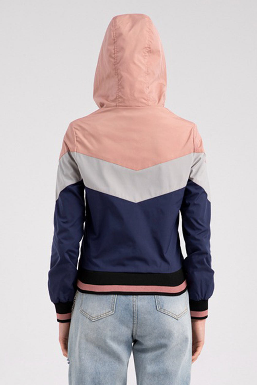 Women Trichromatic Drawstring Hooded Neck Sing Line Knitted Ribbed Cuff & Hem Side Pocket & Zip Fastener Warm Casual Winter Jack