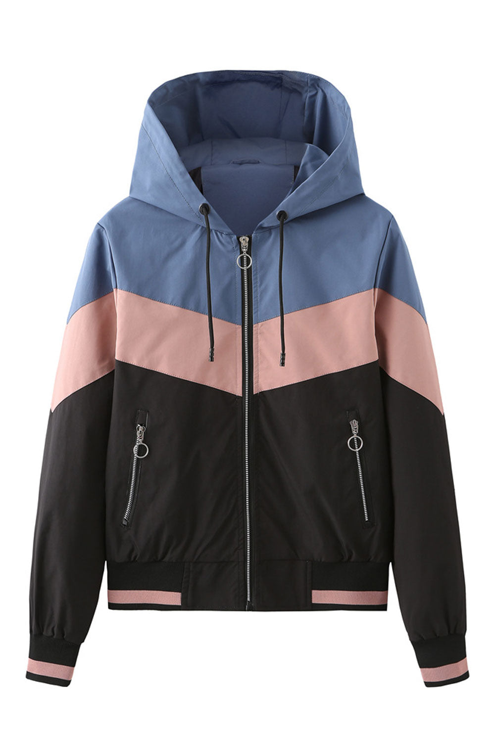 Women Trichromatic Drawstring Hooded Neck Sing Line Knitted Ribbed Cuff & Hem Side Pocket & Zip Fastener Warm Casual Winter Jack