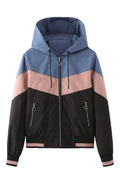 Women Trichromatic Drawstring Hooded Neck Sing Line Knitted Ribbed Cuff & Hem Side Pocket & Zip Fastener Warm Casual Winter Jack