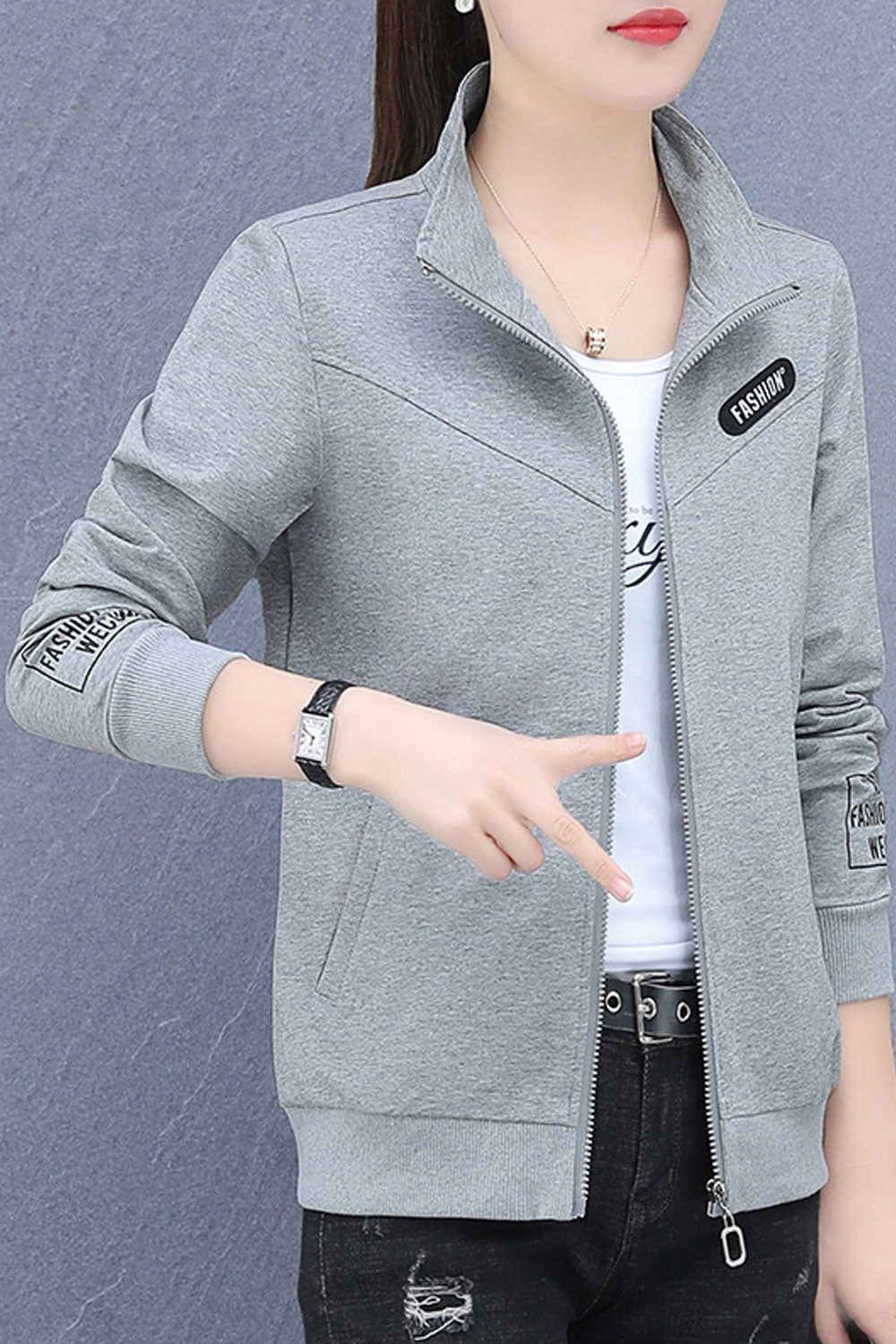 Women Fashionwear Stand Collar Neck Knitted Ribbed Cuff & Hem Slash Pocket Front Zippered Winter Casual Jacket