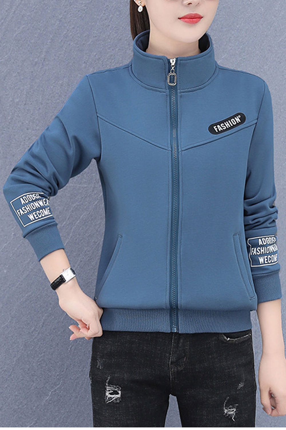 Women Fashionwear Stand Collar Neck Knitted Ribbed Cuff & Hem Slash Pocket Front Zippered Winter Casual Jacket