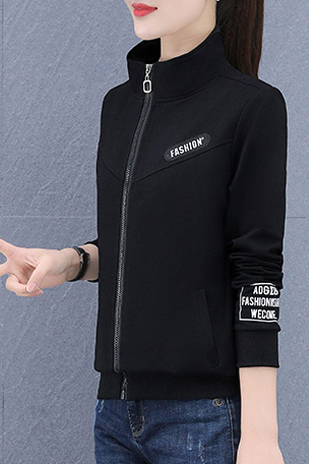 Women Fashionwear Stand Collar Neck Knitted Ribbed Cuff & Hem Slash Pocket Front Zippered Winter Casual Jacket