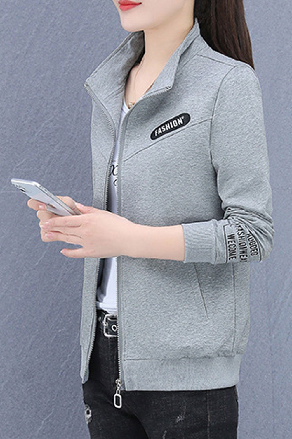 Women Fashionwear Stand Collar Neck Knitted Ribbed Cuff & Hem Slash Pocket Front Zippered Winter Casual Jacket