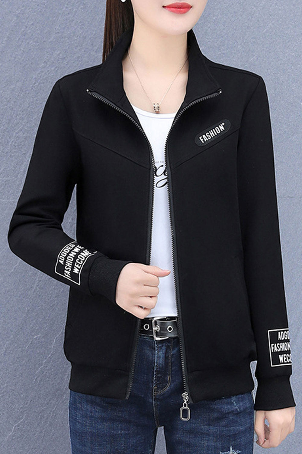 Women Fashionwear Stand Collar Neck Knitted Ribbed Cuff & Hem Slash Pocket Front Zippered Winter Casual Jacket