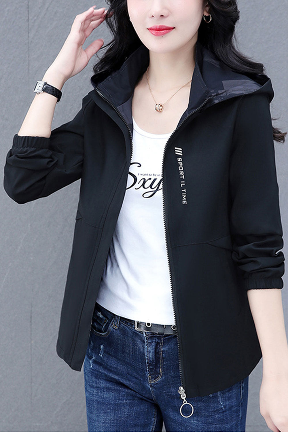 Women Lavender Hooded Collar Loose Long Sleeves Stretchable Cuff Front Zip Fastener Double Sided Soft Winter Casual Jacket