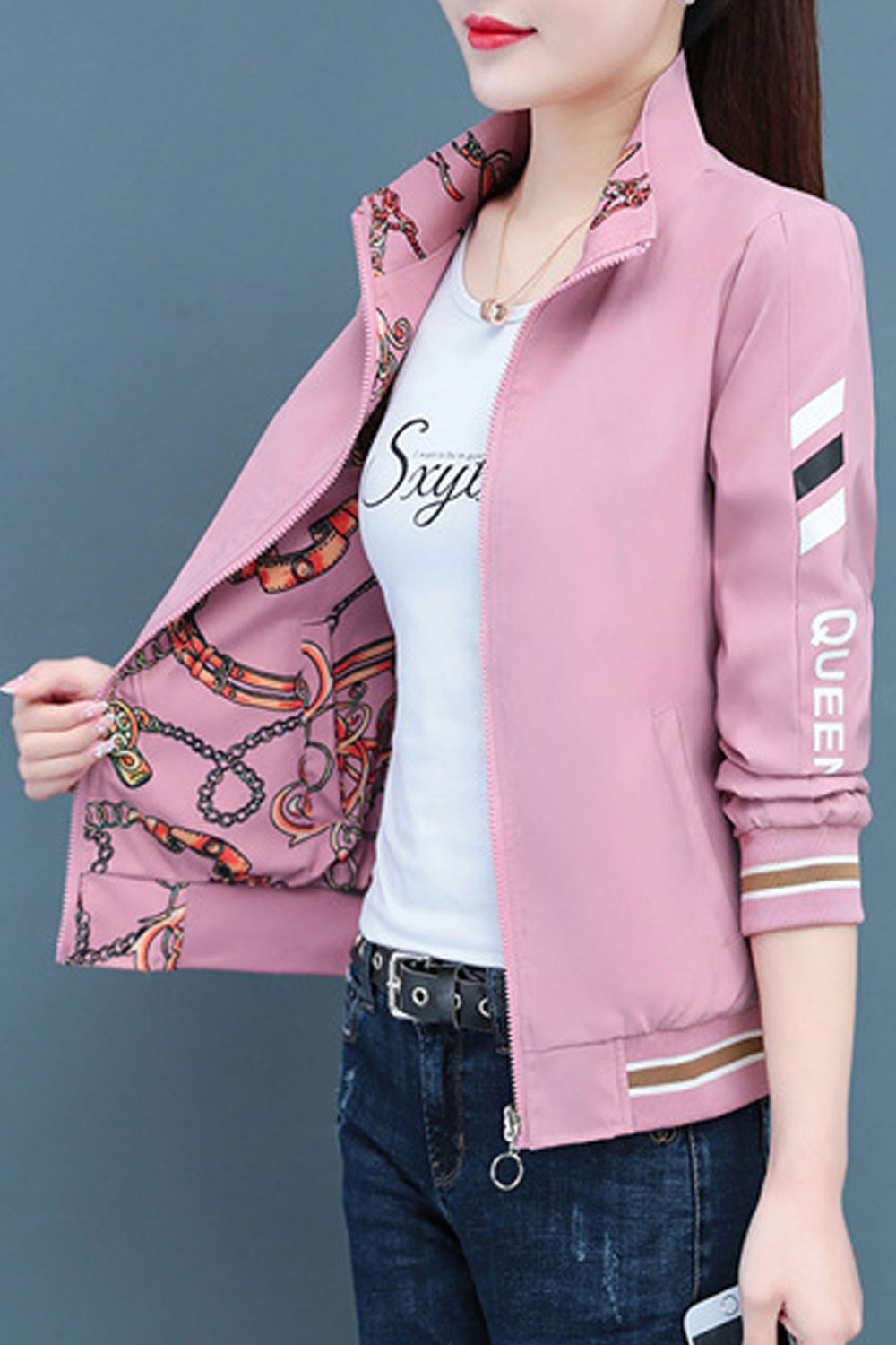 Women Chain Printed Double Sided Stand Collar Neck Long Sleeves Single Line Knitted Ribbed Cuff & Hem Slash Pocket & Front Zip C