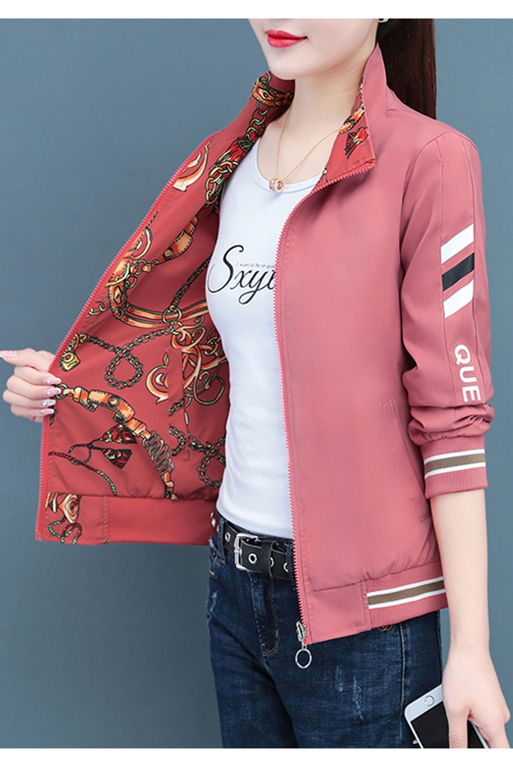 Women Chain Printed Double Sided Stand Collar Neck Long Sleeves Single Line Knitted Ribbed Cuff & Hem Slash Pocket & Front Zip C