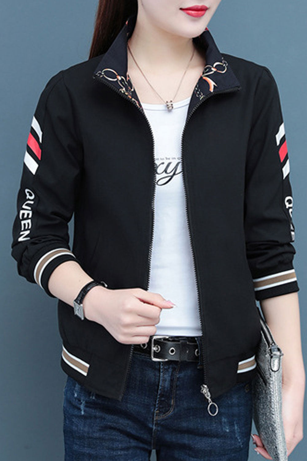 Women Chain Printed Double Sided Stand Collar Neck Long Sleeves Single Line Knitted Ribbed Cuff & Hem Slash Pocket & Front Zip C
