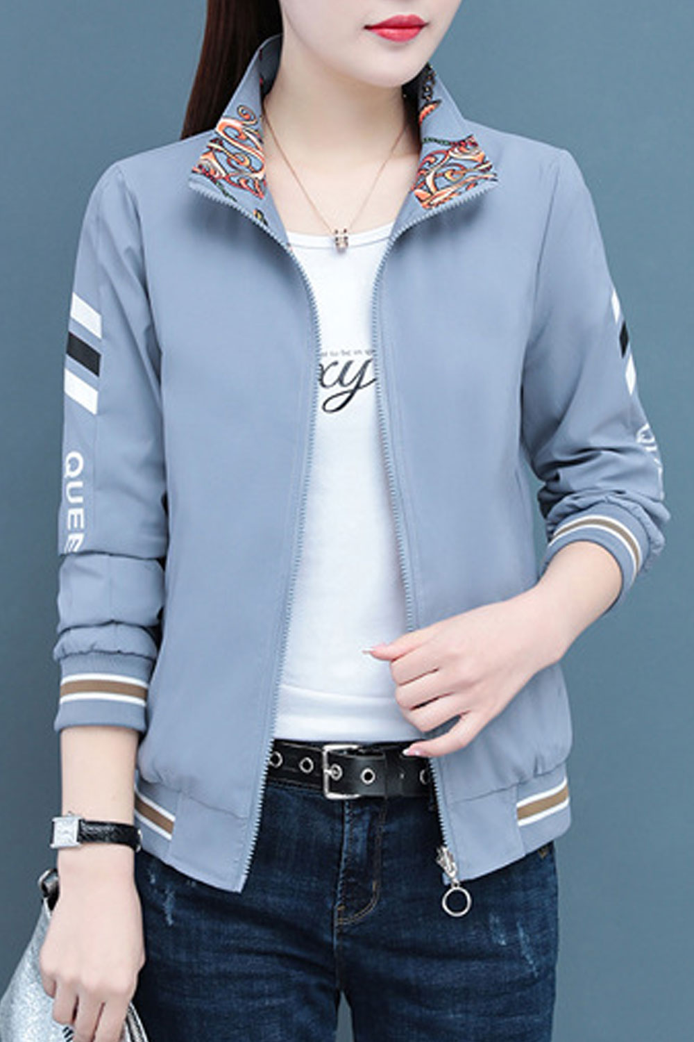 Women Chain Printed Double Sided Stand Collar Neck Long Sleeves Single Line Knitted Ribbed Cuff & Hem Slash Pocket & Front Zip C