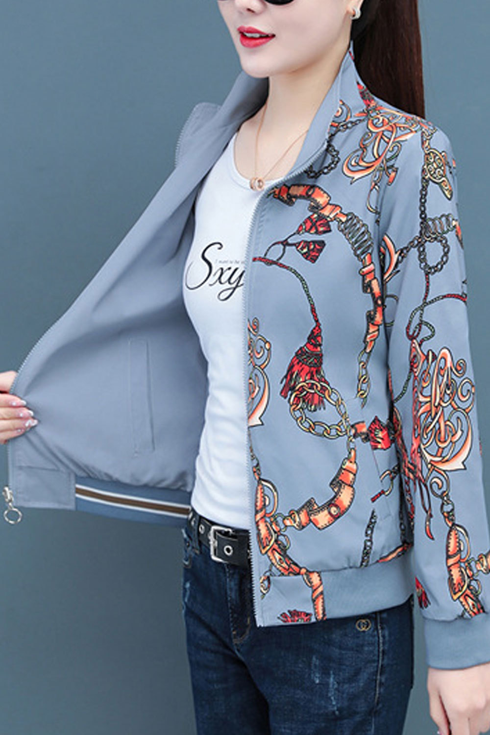 Women Chain Printed Double Sided Stand Collar Neck Long Sleeves Single Line Knitted Ribbed Cuff & Hem Slash Pocket & Front Zip C