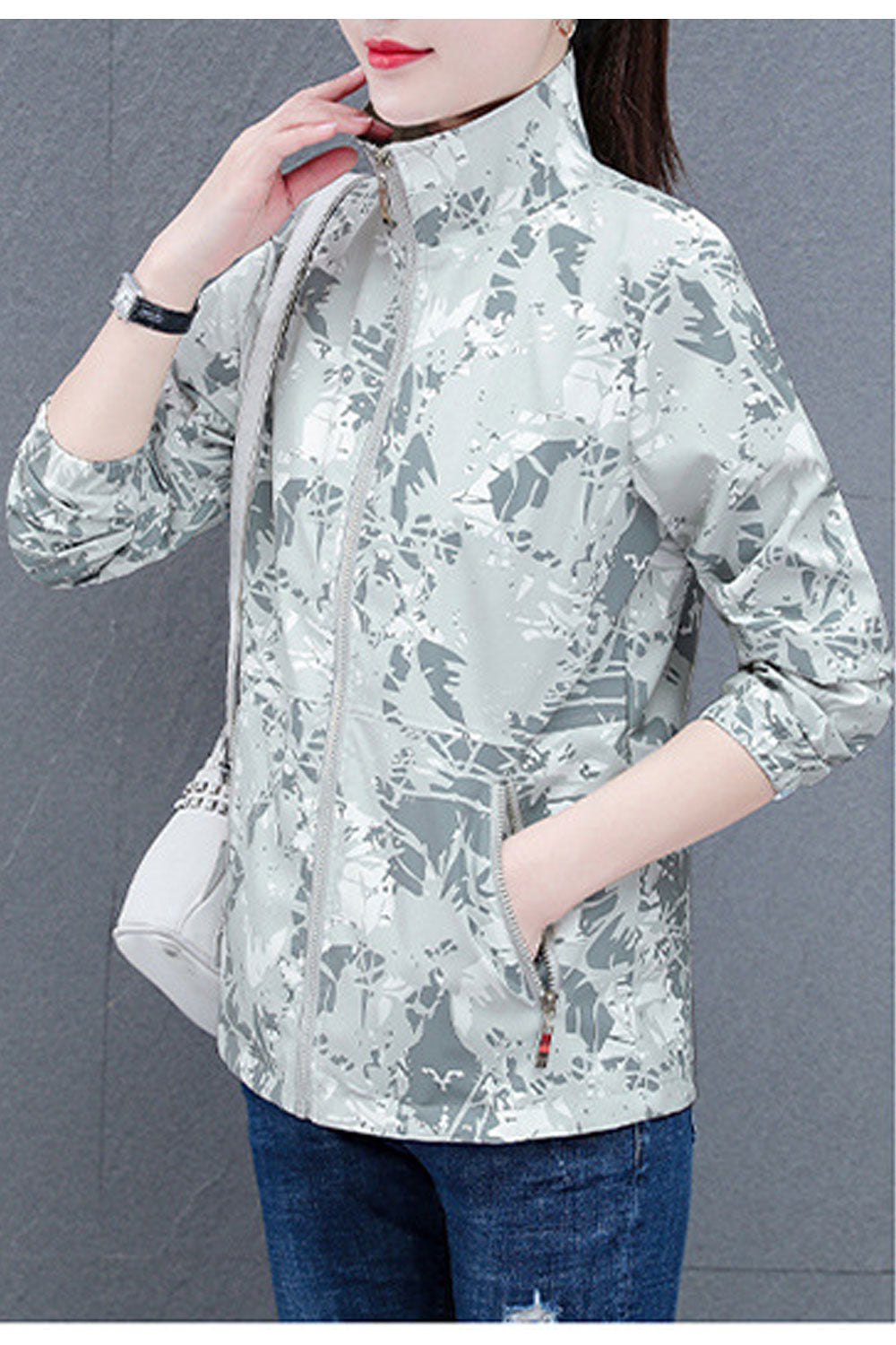 Women Texture Printed Stand Collar Neck Stretchable Cuff & Side Zippered Pocket Warm Winter Casual Jacket