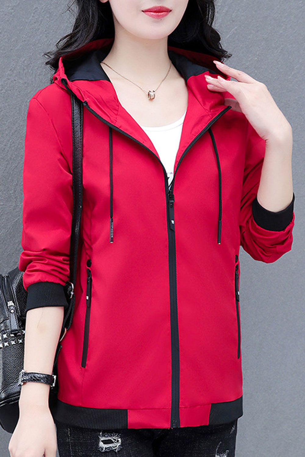 Women Enticing Drawstring Closure Hooded Neck Constrast Knitted Ribbed Cuff & Hem Side Slash Pocket & Easy Zip Fastener Winter C