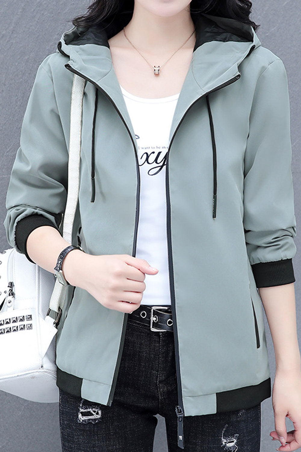 Women Enticing Drawstring Closure Hooded Neck Constrast Knitted Ribbed Cuff & Hem Side Slash Pocket & Easy Zip Fastener Winter C