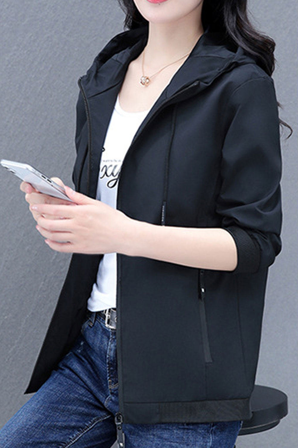 Women Enticing Drawstring Closure Hooded Neck Constrast Knitted Ribbed Cuff & Hem Side Slash Pocket & Easy Zip Fastener Winter C