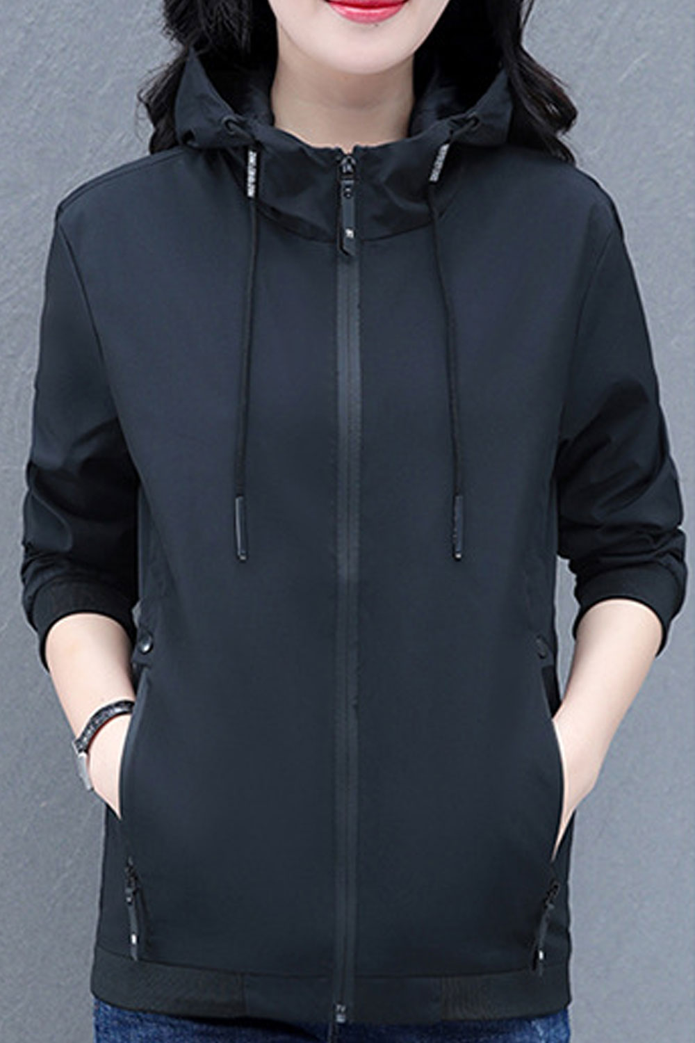 Women Enticing Drawstring Closure Hooded Neck Constrast Knitted Ribbed Cuff & Hem Side Slash Pocket & Easy Zip Fastener Winter C