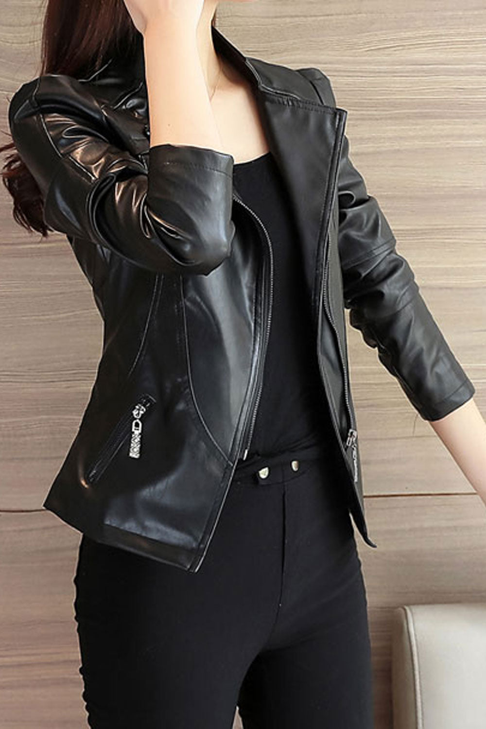 Women Bouncing Style Lapel Collar Neck Fitted Gigot Sleeves Oblique Zip Fastener & Side Zip Pocket Winter Leather Jacket