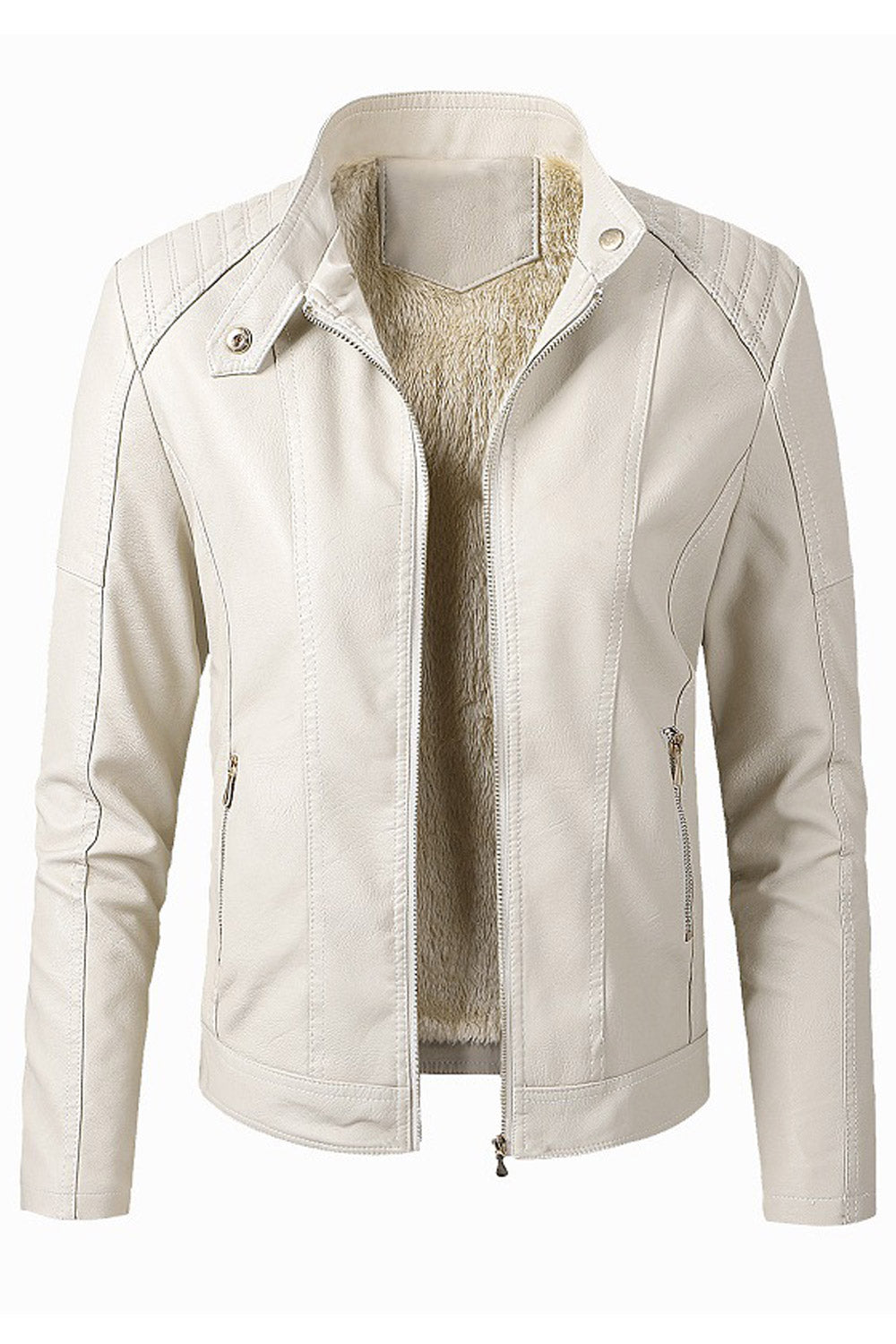 Women Unpigmented Stand Collar Long Sleeves Side Straight Zippered Pocket & Zippered Fastener Fluffy Linen Cozy Leather Jacket