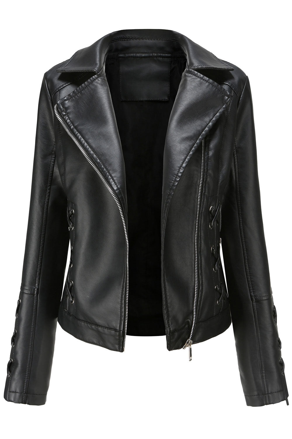 Women Captive Lace-Up Designed Lapel Collar Neck Oblique Zippered Side Zip Pocket Snug Winter Leather Jacket