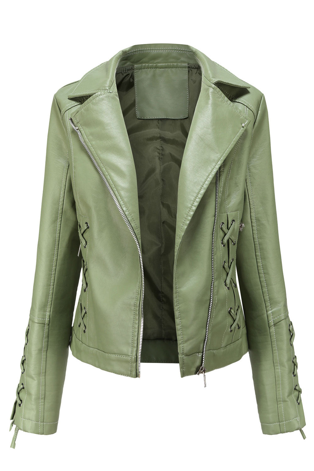 Women Captive Lace-Up Designed Lapel Collar Neck Oblique Zippered Side Zip Pocket Snug Winter Leather Jacket