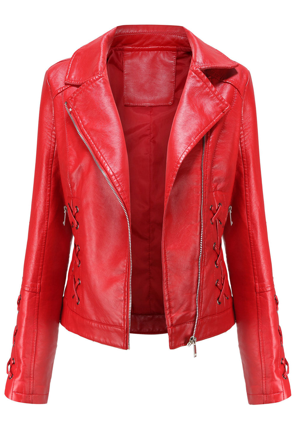 Women Captive Lace-Up Designed Lapel Collar Neck Oblique Zippered Side Zip Pocket Snug Winter Leather Jacket