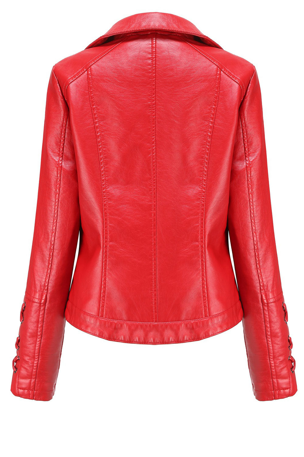 Women Captive Lace-Up Designed Lapel Collar Neck Oblique Zippered Side Zip Pocket Snug Winter Leather Jacket