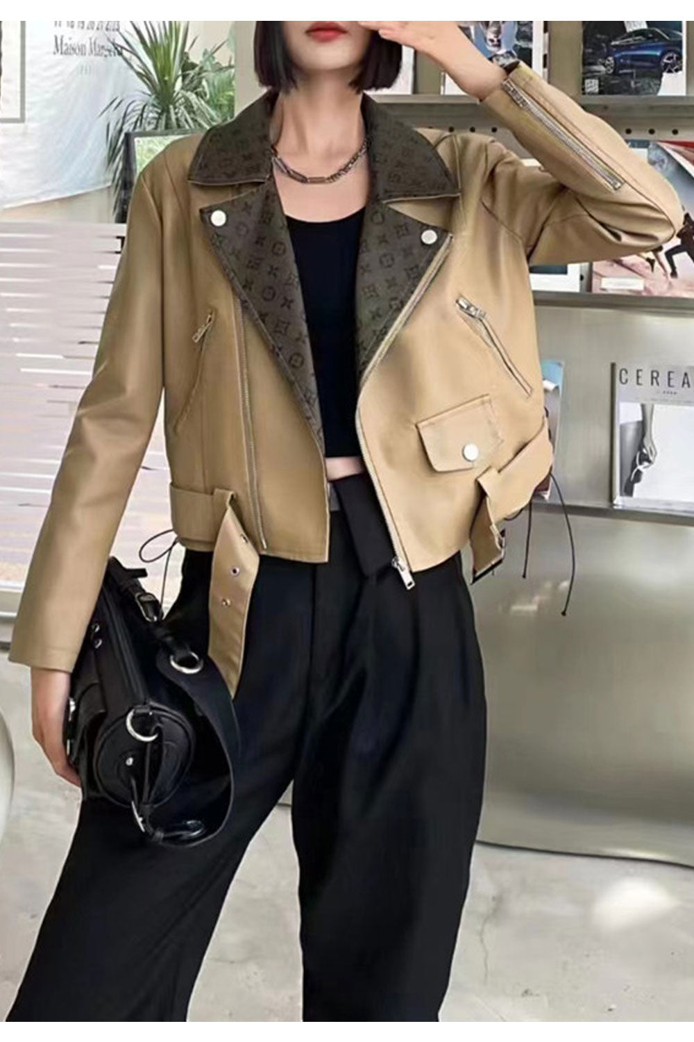 Women Attractive Printed Styled Lapel Collar Waist Buckle Belt Zippered Cuff & Fastener Super Warm Winter Leather Jacket