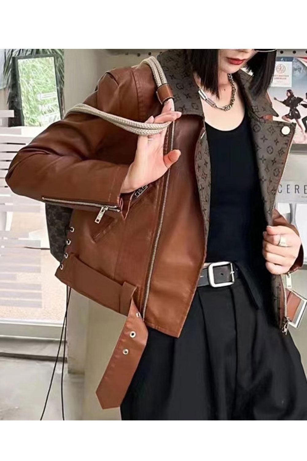Women Attractive Printed Styled Lapel Collar Waist Buckle Belt Zippered Cuff & Fastener Super Warm Winter Leather Jacket