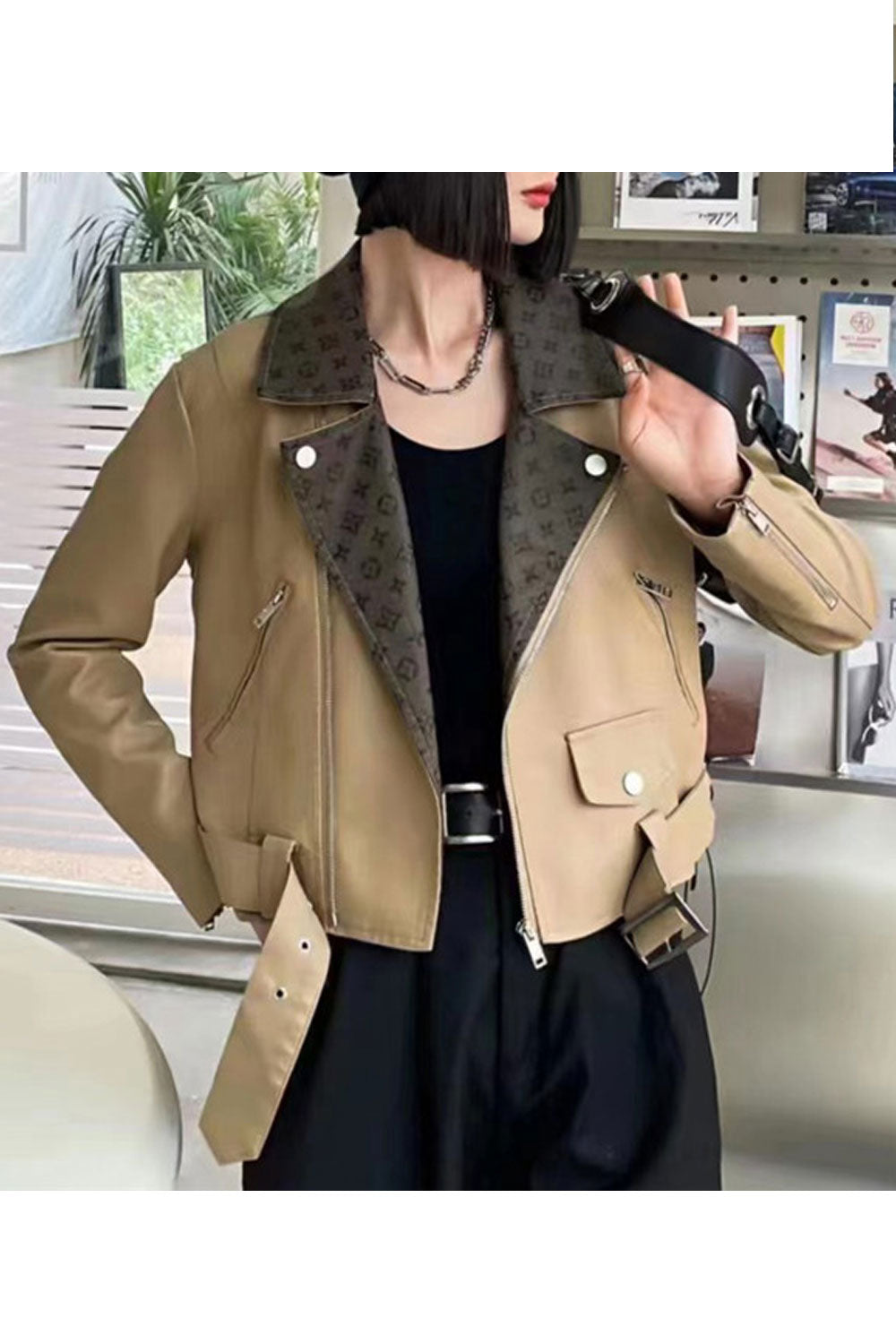 Women Attractive Printed Styled Lapel Collar Waist Buckle Belt Zippered Cuff & Fastener Super Warm Winter Leather Jacket