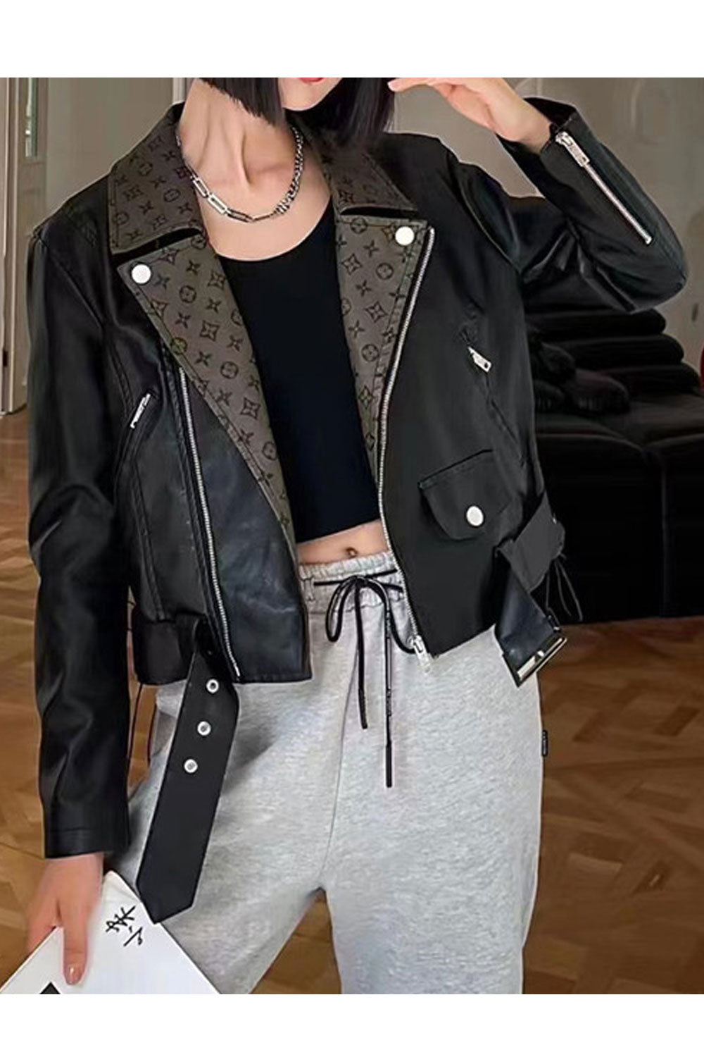 Women Attractive Printed Styled Lapel Collar Waist Buckle Belt Zippered Cuff & Fastener Super Warm Winter Leather Jacket