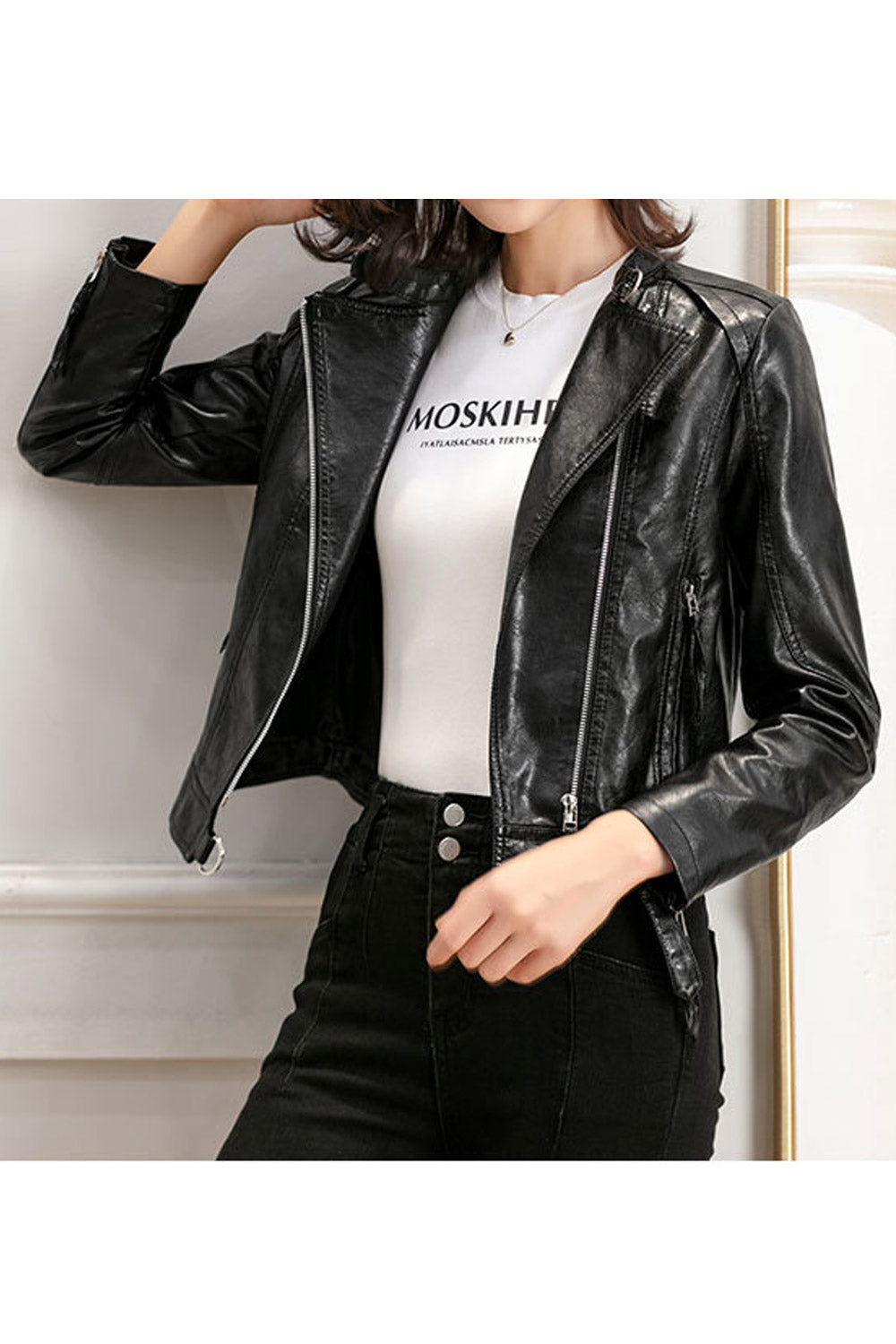Women Modish Lapel Collar Zippered Cuff & Side Zippered Pocket Warm Winter Leather Jacket