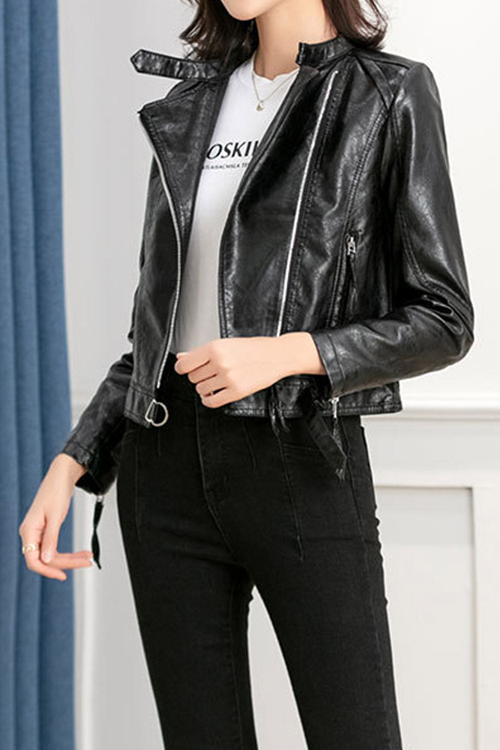 Women Modish Lapel Collar Zippered Cuff & Side Zippered Pocket Warm Winter Leather Jacket