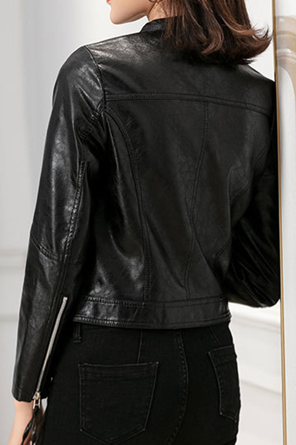 Women Modish Lapel Collar Zippered Cuff & Side Zippered Pocket Warm Winter Leather Jacket