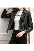 Women Modish Lapel Collar Zippered Cuff & Side Zippered Pocket Warm Winter Leather Jacket
