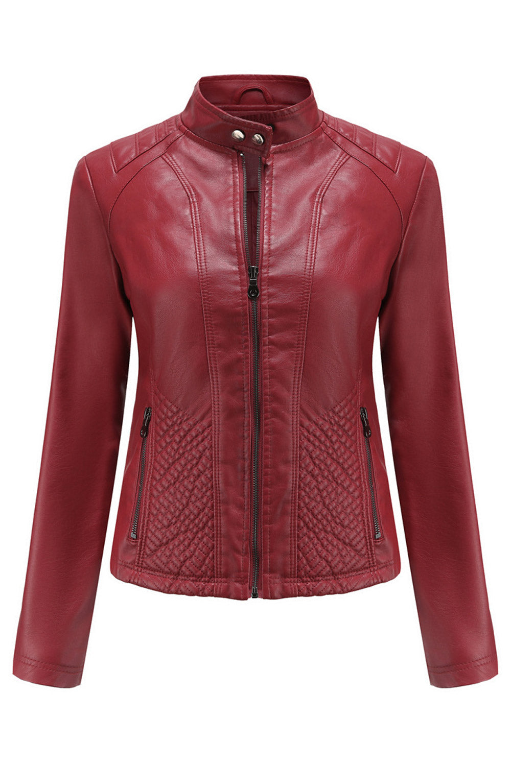 Women Dashing Stand Collar Long Sleeves Zippered Pocket & Zip Fastener Winter Leather Jacket