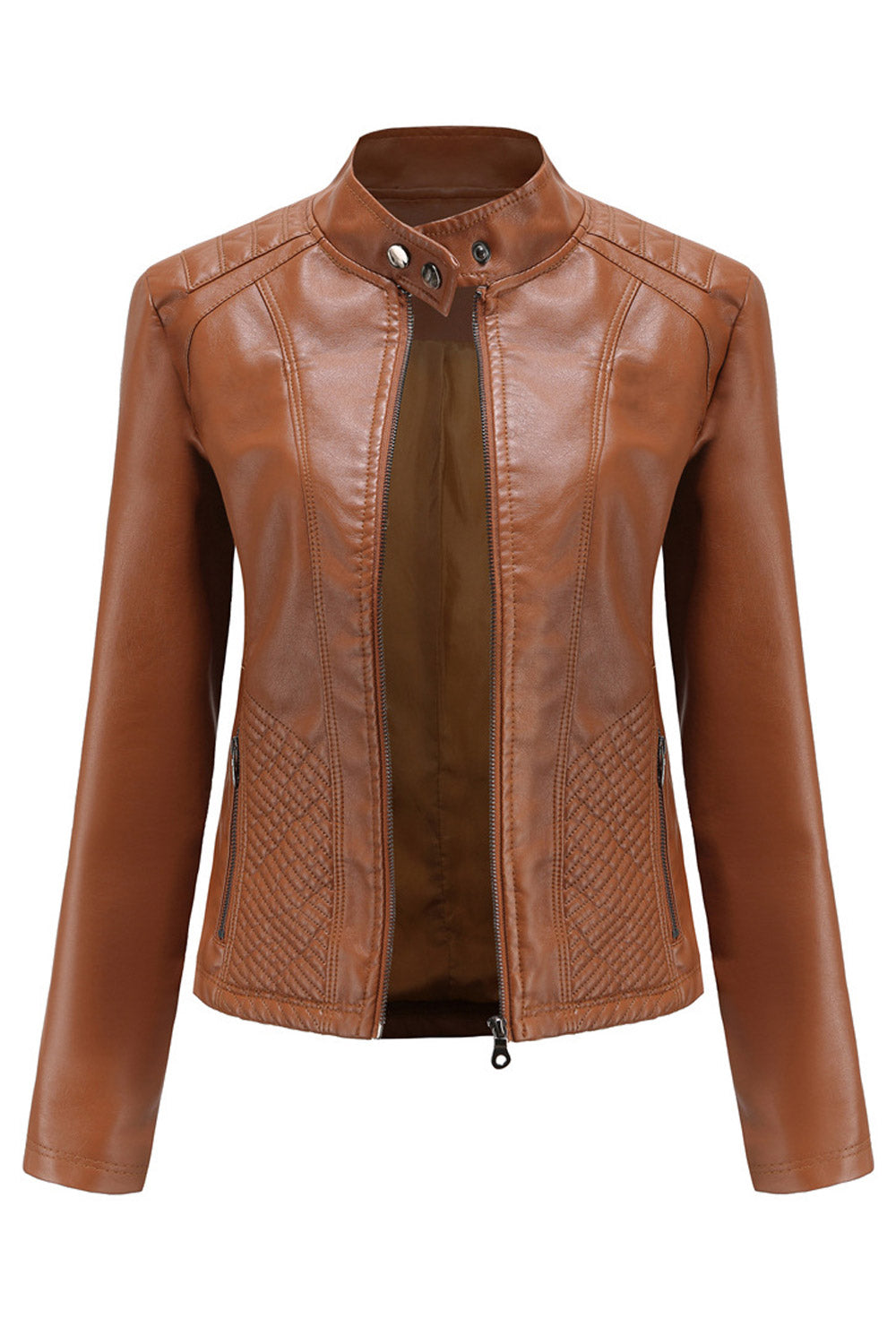 Women Dashing Stand Collar Long Sleeves Zippered Pocket & Zip Fastener Winter Leather Jacket