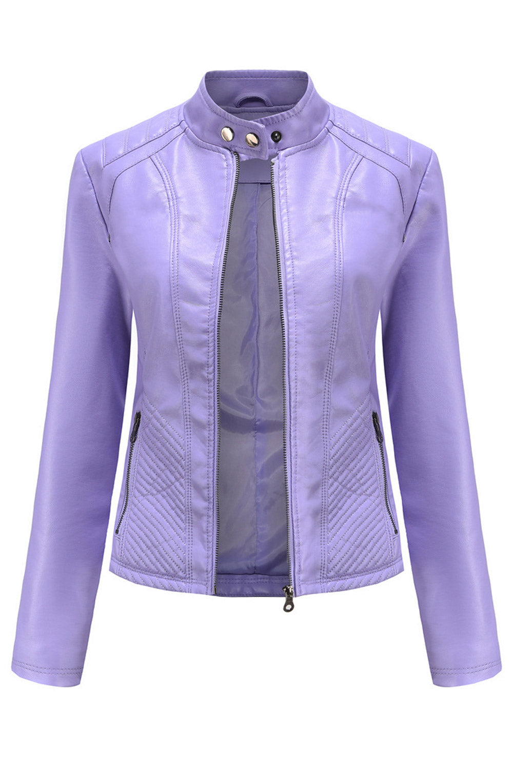Women Dashing Stand Collar Long Sleeves Zippered Pocket & Zip Fastener Winter Leather Jacket