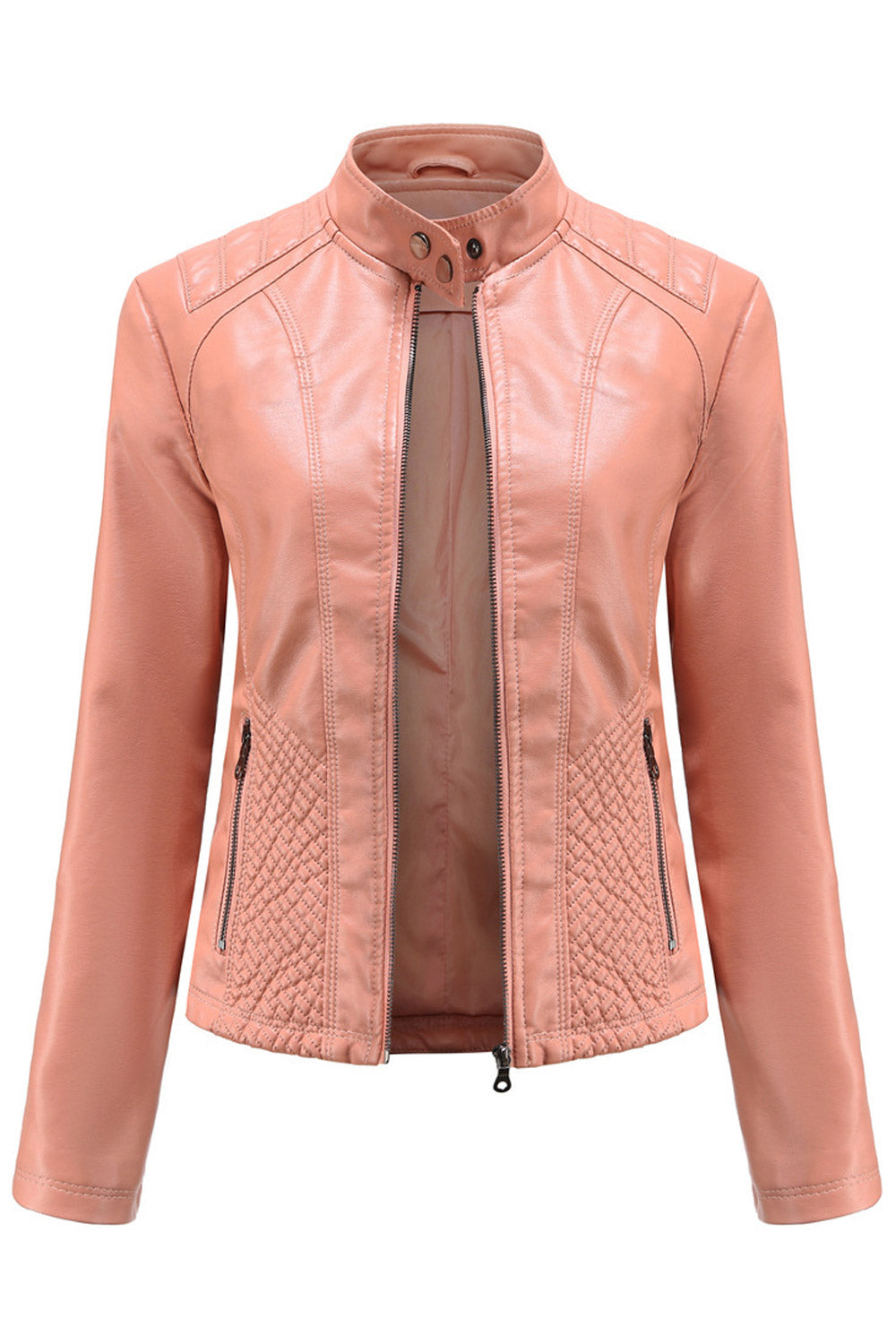 Women Dashing Stand Collar Long Sleeves Zippered Pocket & Zip Fastener Winter Leather Jacket