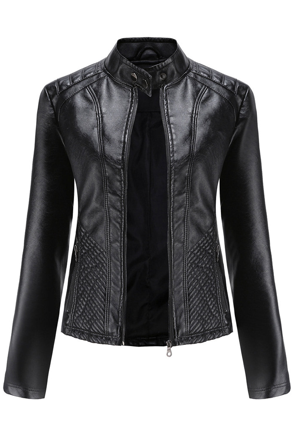Women Dashing Stand Collar Long Sleeves Zippered Pocket & Zip Fastener Winter Leather Jacket