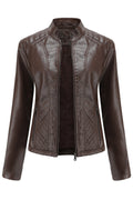Women Dashing Stand Collar Long Sleeves Zippered Pocket & Zip Fastener Winter Leather Jacket