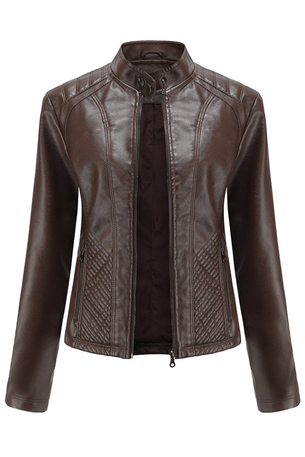 Women Dashing Stand Collar Long Sleeves Zippered Pocket & Zip Fastener Winter Leather Jacket