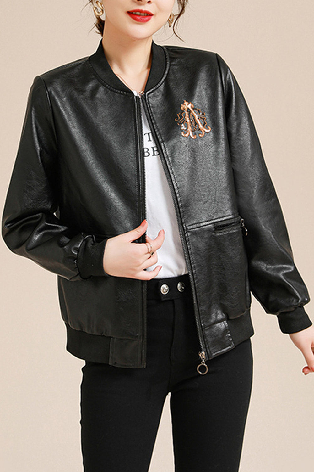 Women Decnt Shiny Knitted Stand Collar Ribbed Cuff & Hem Zippered Pocket Dilute Winter Leather Jacket
