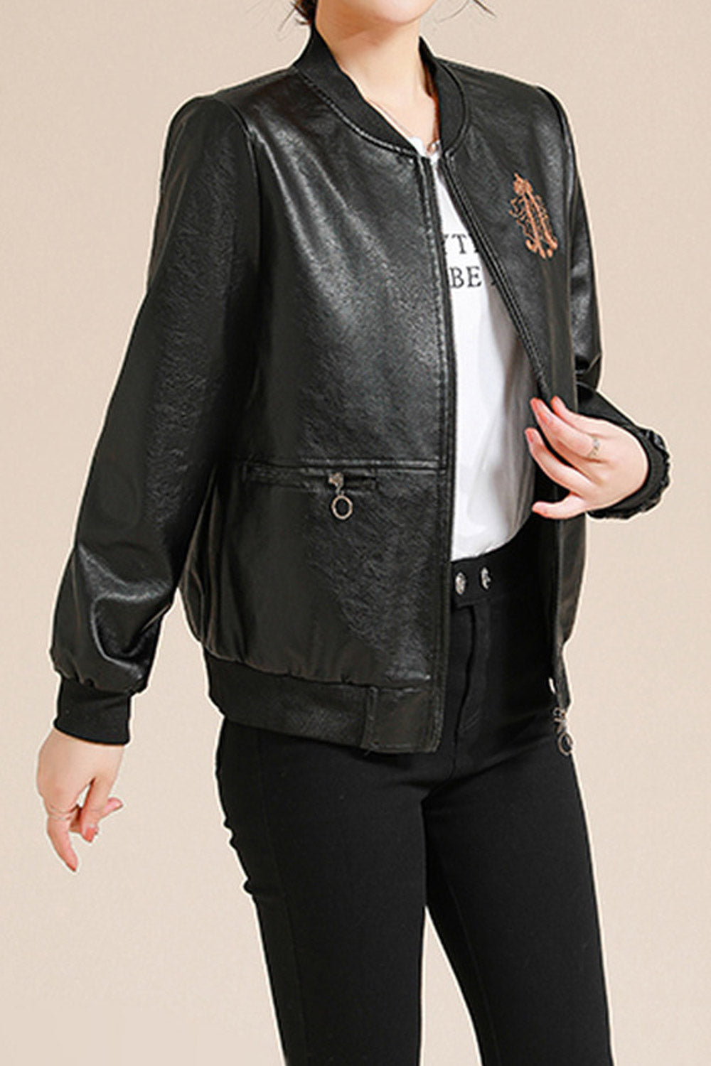 Women Decnt Shiny Knitted Stand Collar Ribbed Cuff & Hem Zippered Pocket Dilute Winter Leather Jacket