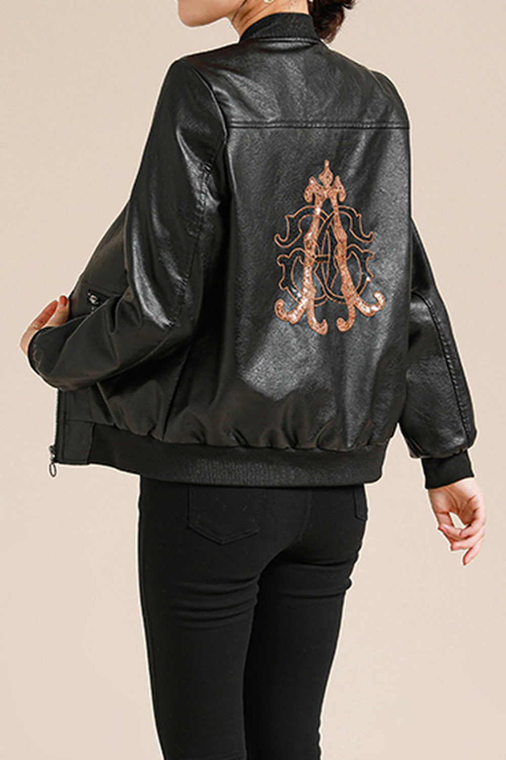 Women Decnt Shiny Knitted Stand Collar Ribbed Cuff & Hem Zippered Pocket Dilute Winter Leather Jacket